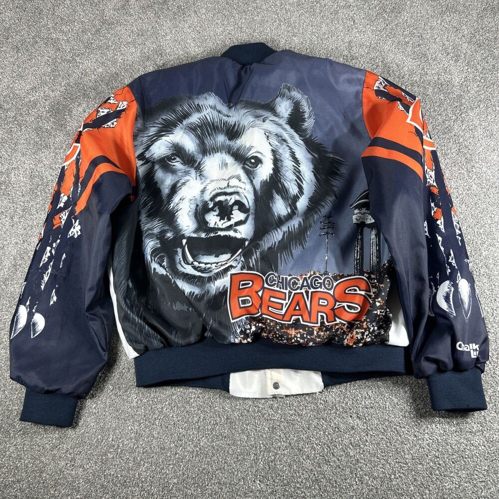 Vintage 90S Chicago Bears Chalk Line Jacket RARE AOP Men’s LARGE Button Up White